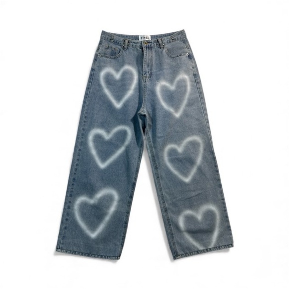 Wide Leg Heart Print Jeans M 30 High Waist Y2K‎ Style Coquette Streetwear Denim